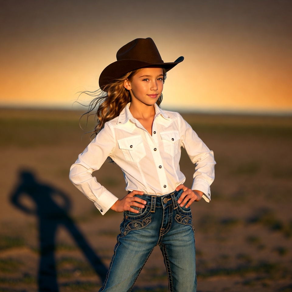 Young girl in cowboy outfit stands strong Young girl in cowboy outfit stands strong