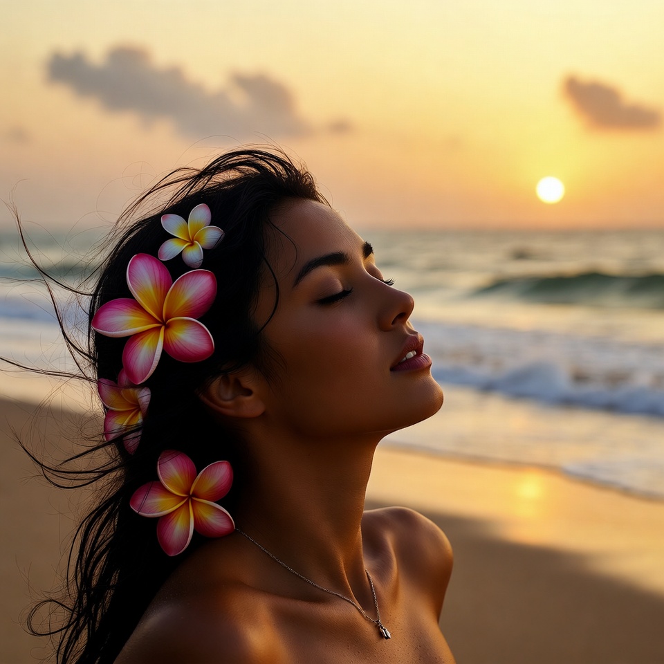 Woman with flowers by the beach at sunset Woman with flowers by the beach at sunset