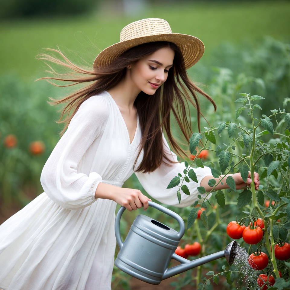Young woman watering tomato plants in field Young woman watering tomato plants in field