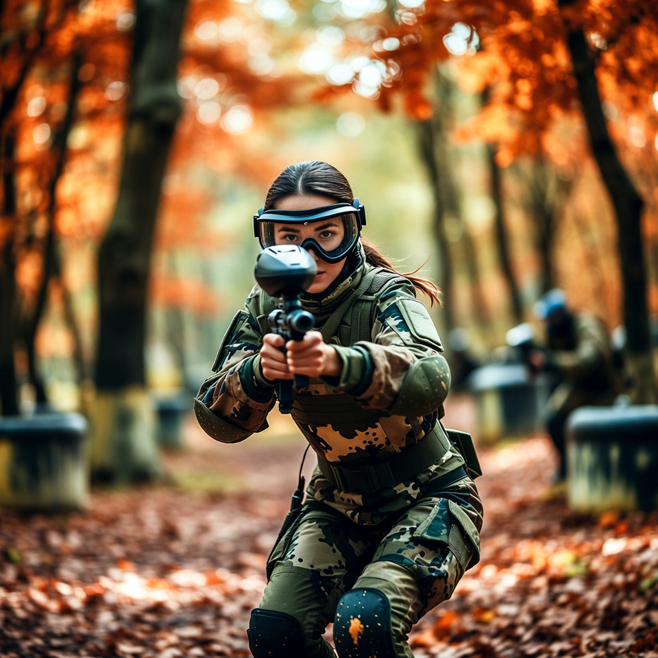 Woman aiming in forest setting Woman aiming in forest setting