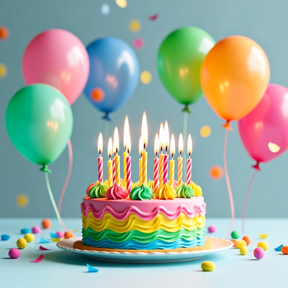 Colorful birthday cake with candles and balloons Colorful birthday cake with candles and balloons