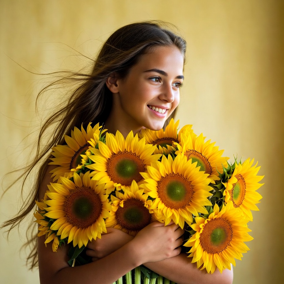 Smiling girl with sunflowers indoors Smiling girl with sunflowers indoors