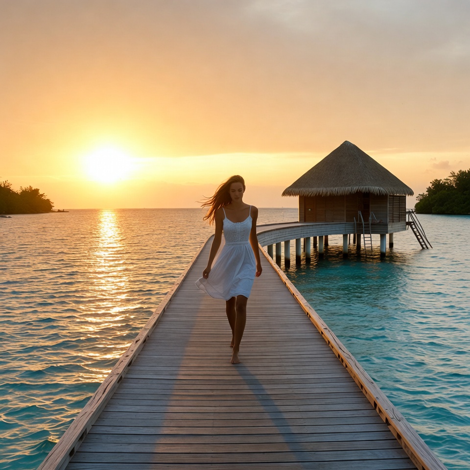 Woman walking on dock at sunset Woman walking on dock at sunset