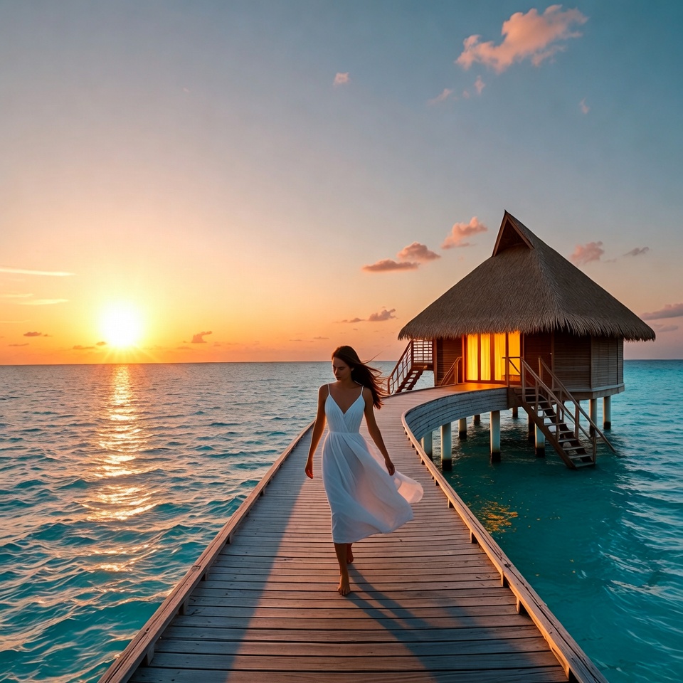 Woman walks on dock at sunset Woman walks on dock at sunset
