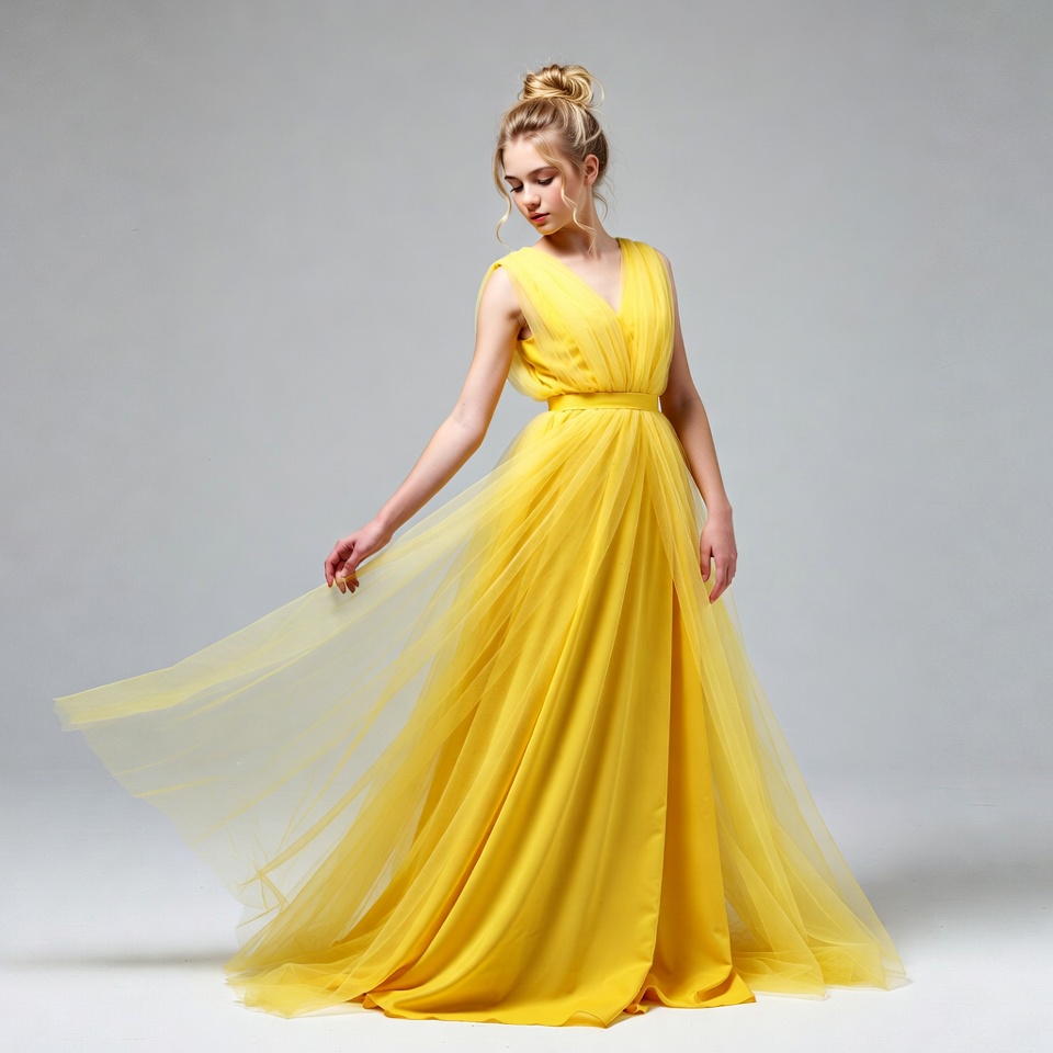 Model in yellow dress poses indoors Model in yellow dress poses indoors