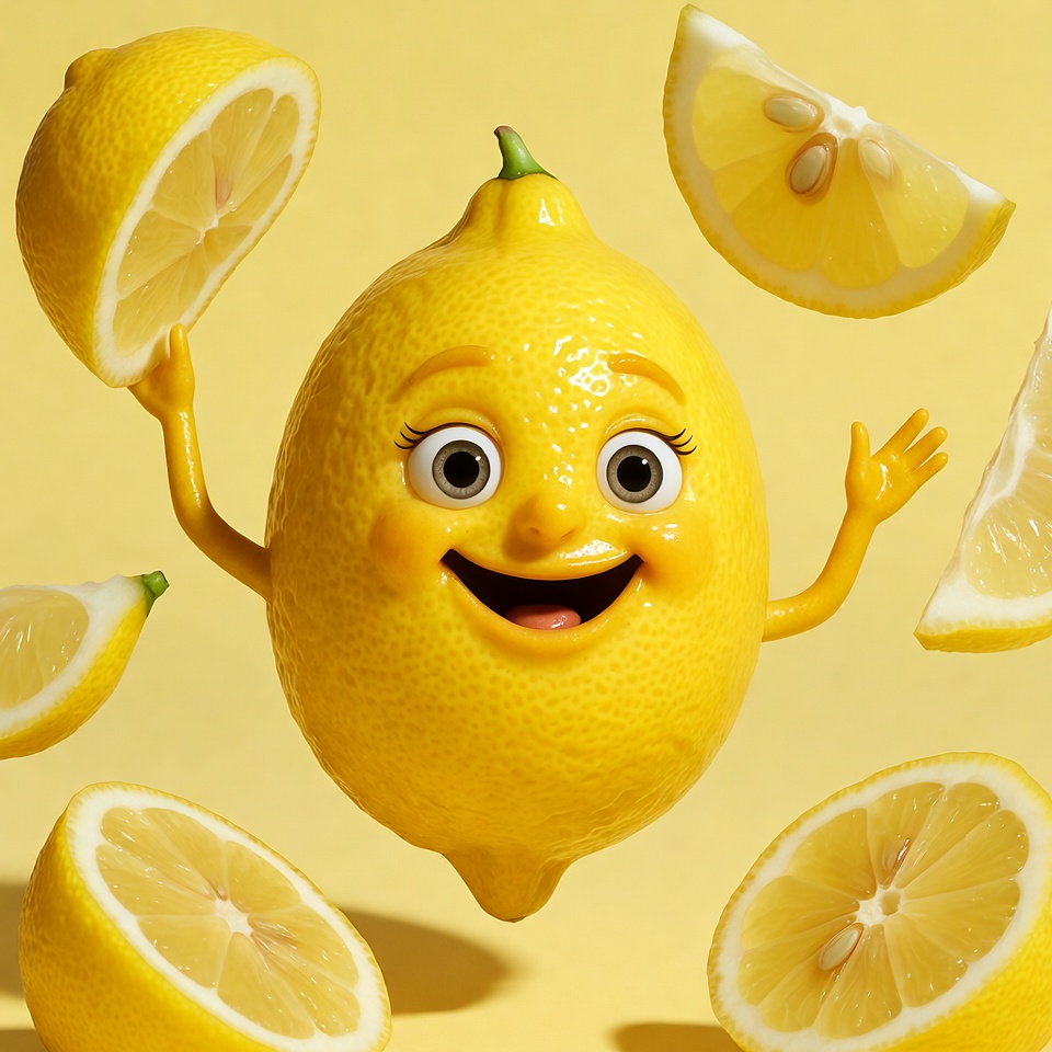 Happy lemon character with sliced fruit Happy lemon character with sliced fruit