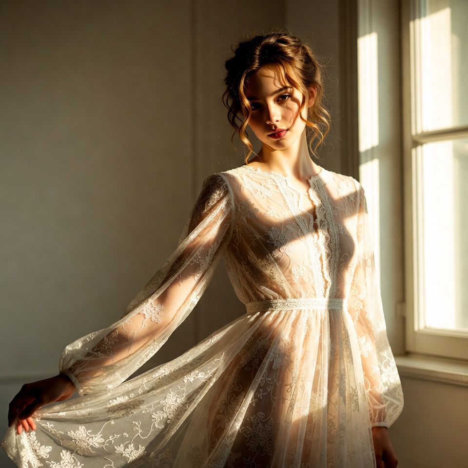 Woman in lace dress by window Woman in lace dress by window