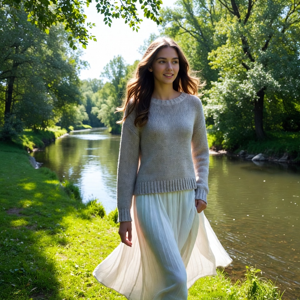 Woman walking by river on sunny day Woman walking by river on sunny day