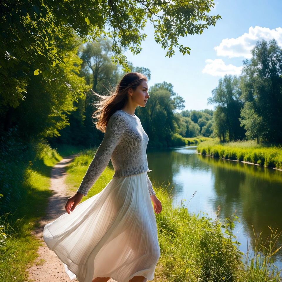 Woman walking by river in sunlight Woman walking by river in sunlight