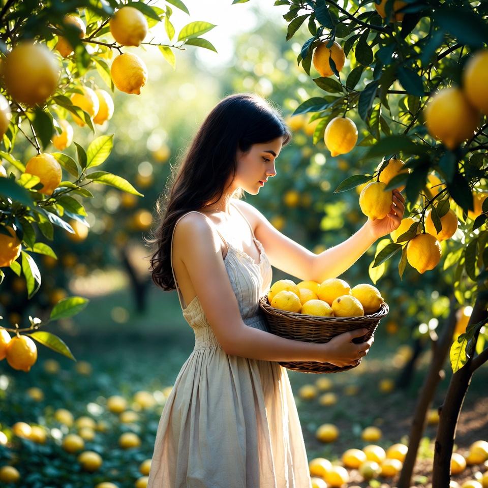 Woman gathers lemons in orchard Woman gathers lemons in orchard