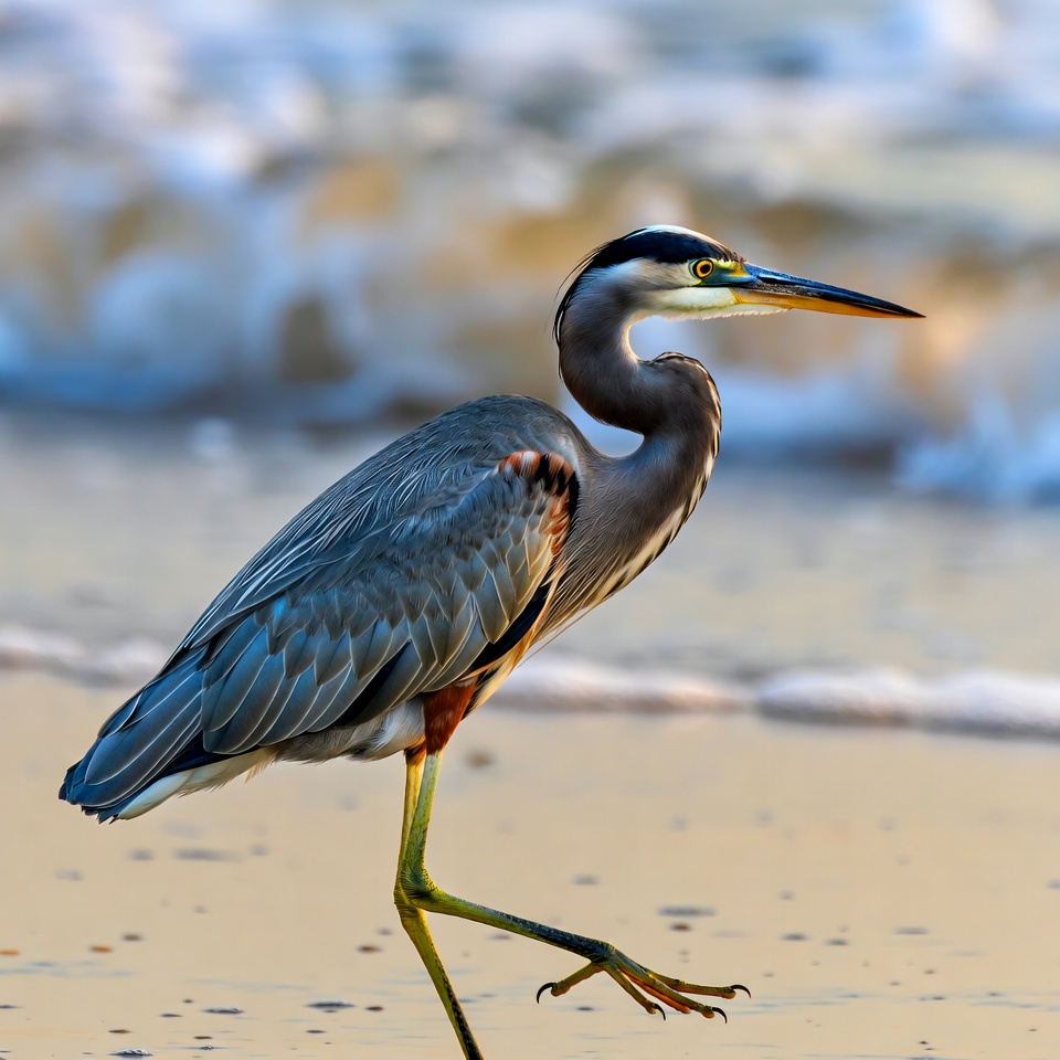 Bird walking on sandy beach near ocean Bird walking on sandy beach near ocean