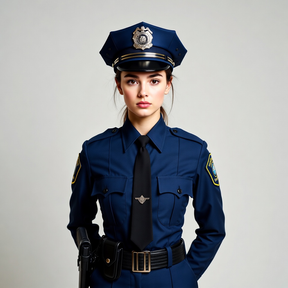 Woman in police uniform stands straight Woman in police uniform stands straight