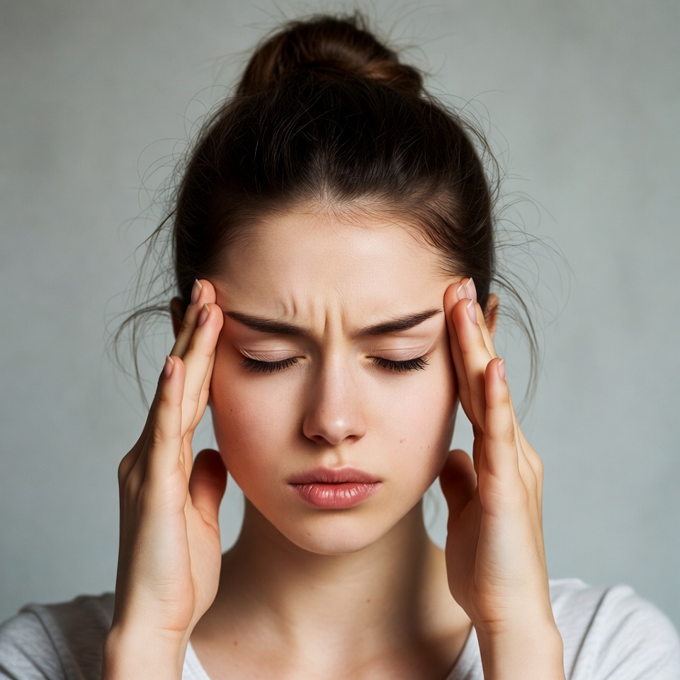 Young woman experiencing headache indoors Young woman experiencing headache indoors