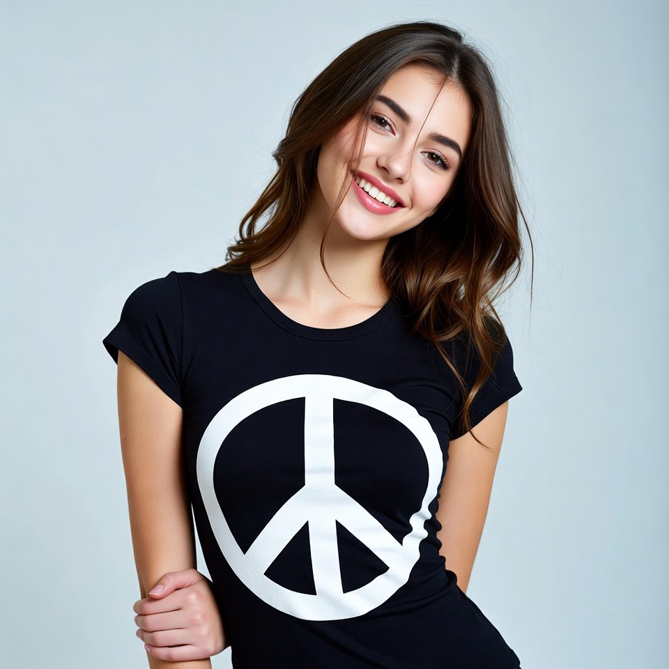 Smiling person wearing peace shirt Smiling person wearing peace shirt