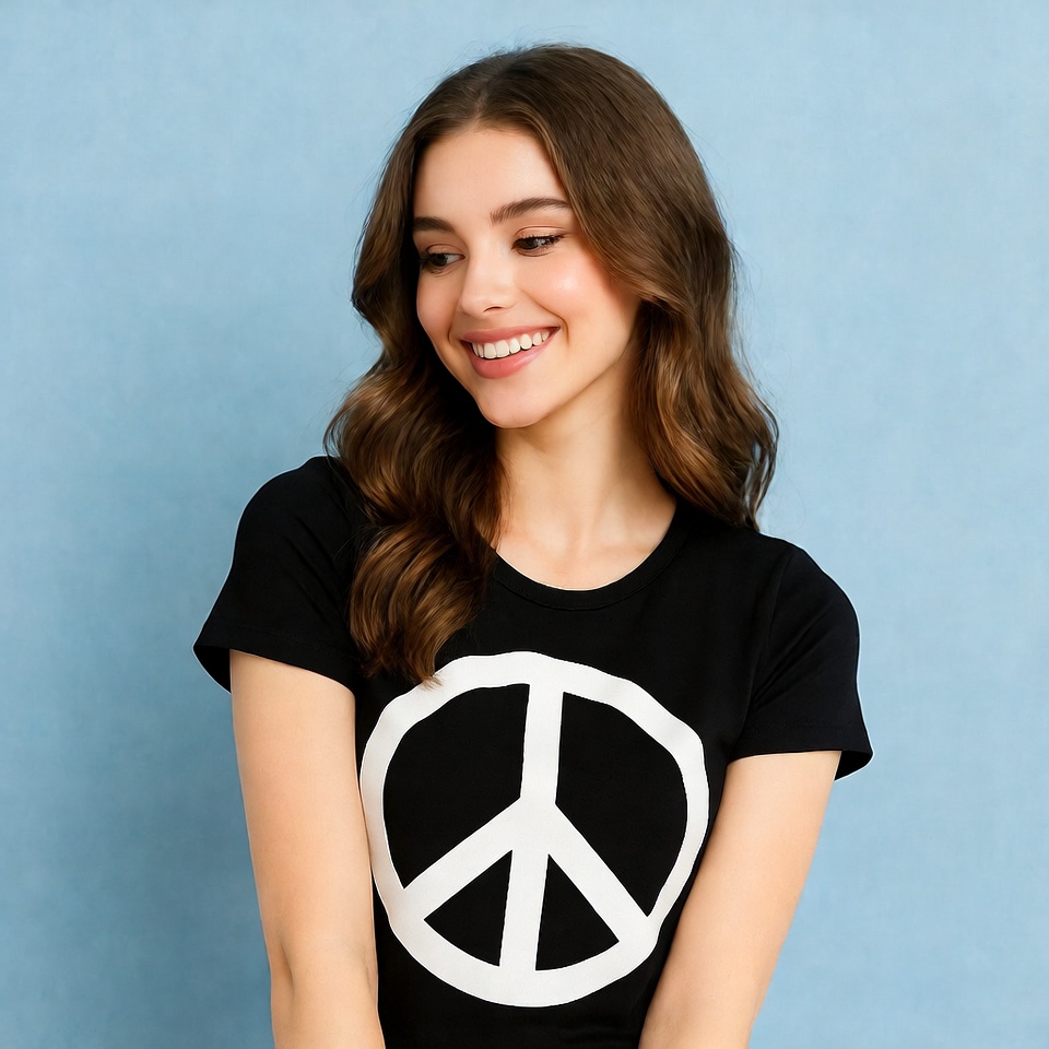 Smiling person with peace symbol shirt Smiling person with peace symbol shirt