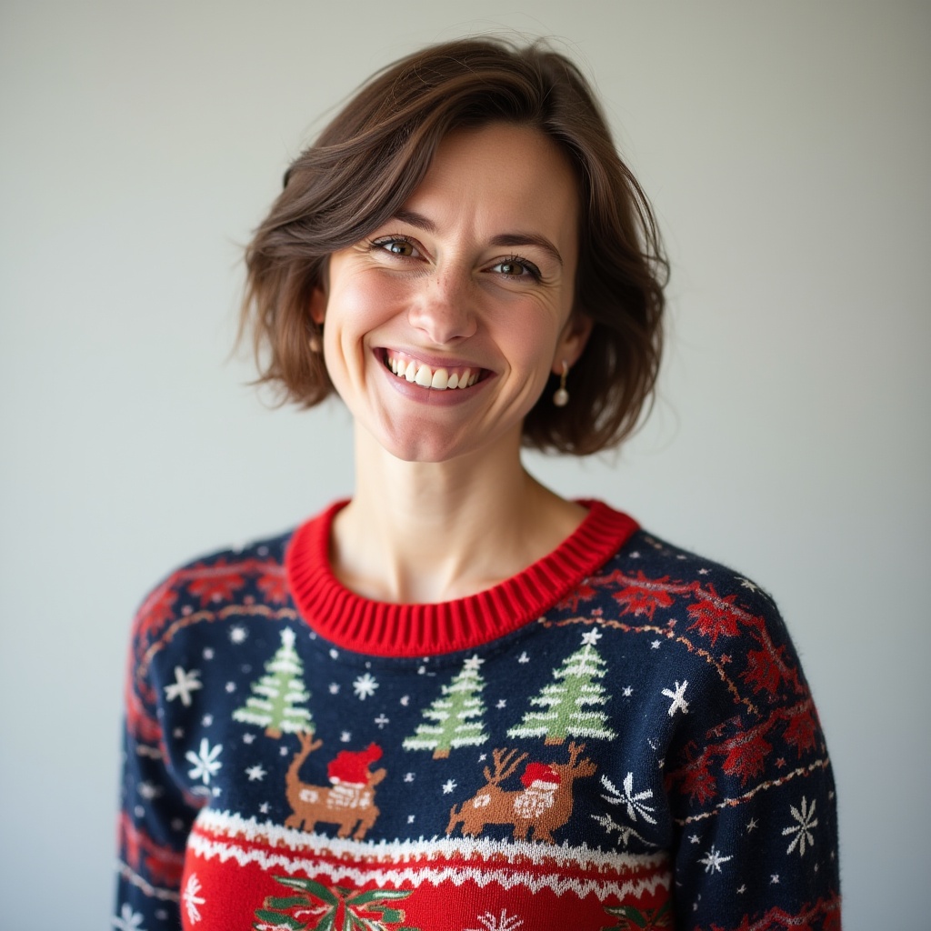 Smiling woman in holiday sweater Smiling woman in holiday sweater