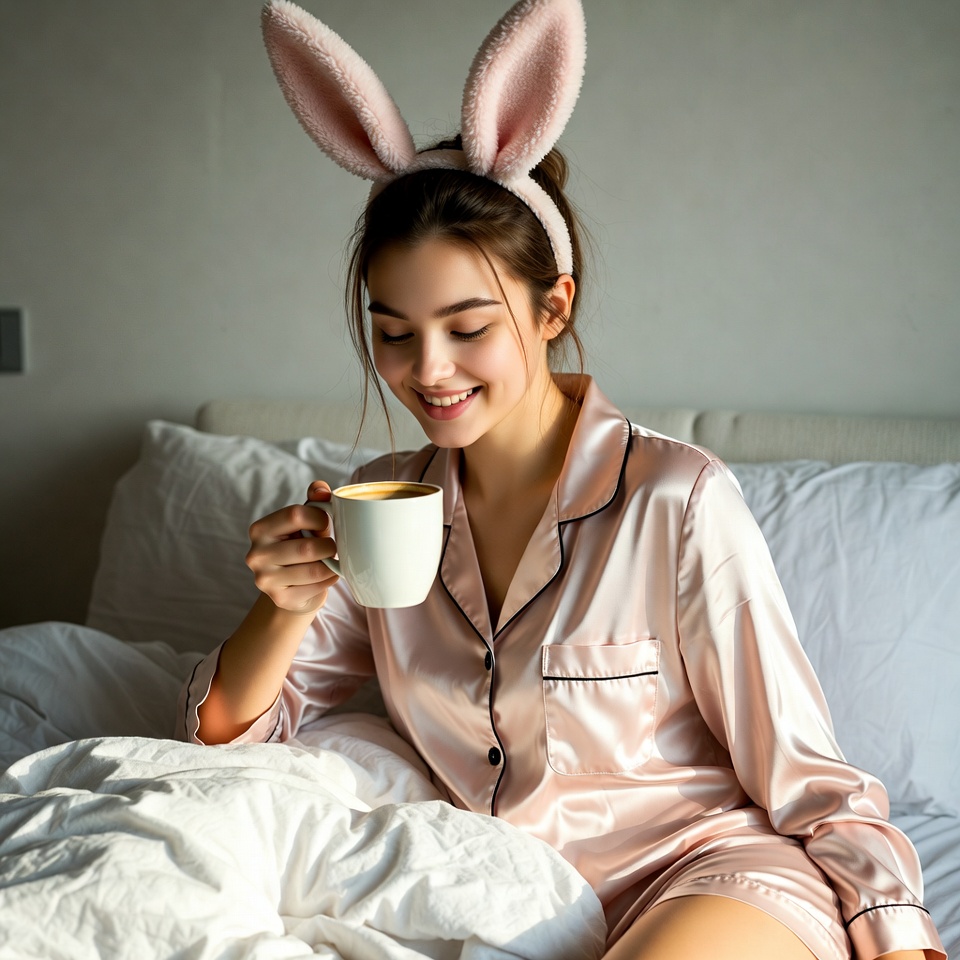 Woman enjoys coffee in morning light Woman enjoys coffee in morning light