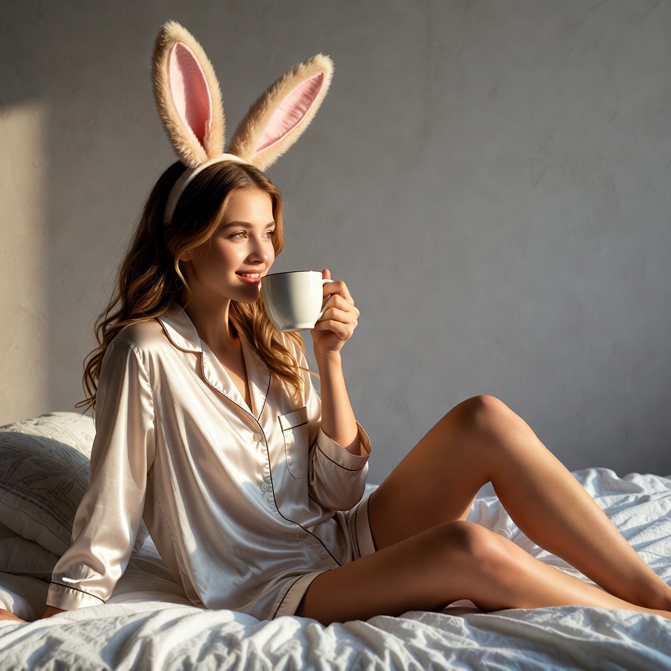 Woman in bunny ears enjoying morning drink Woman in bunny ears enjoying morning drink