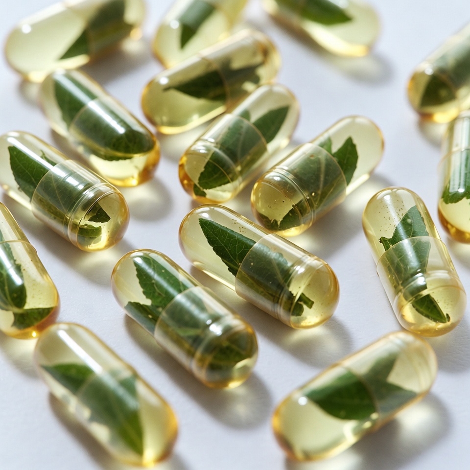 Capsules with leaves inside on white surface Capsules with leaves inside on white surface