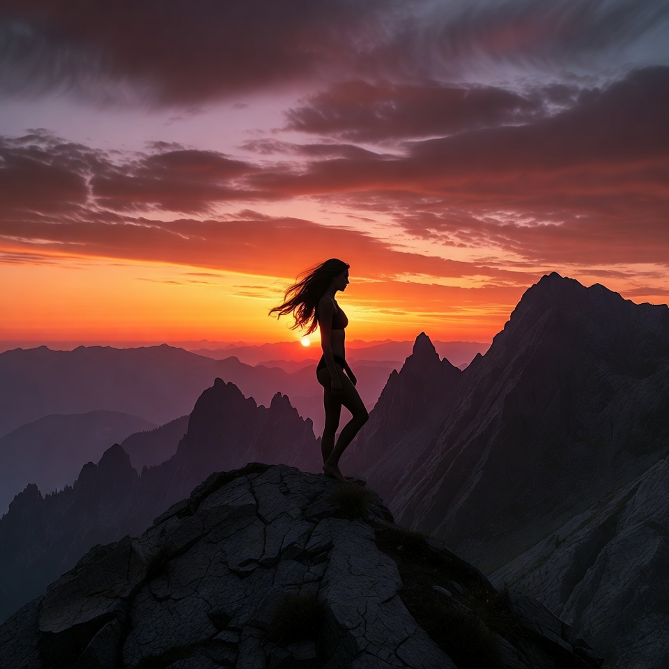Woman on mountain at sunset Woman on mountain at sunset