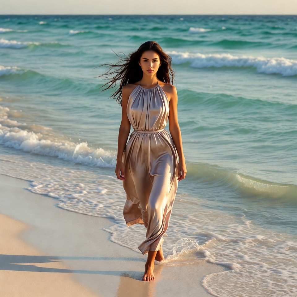 Woman walks on beach at sunset Woman walks on beach at sunset