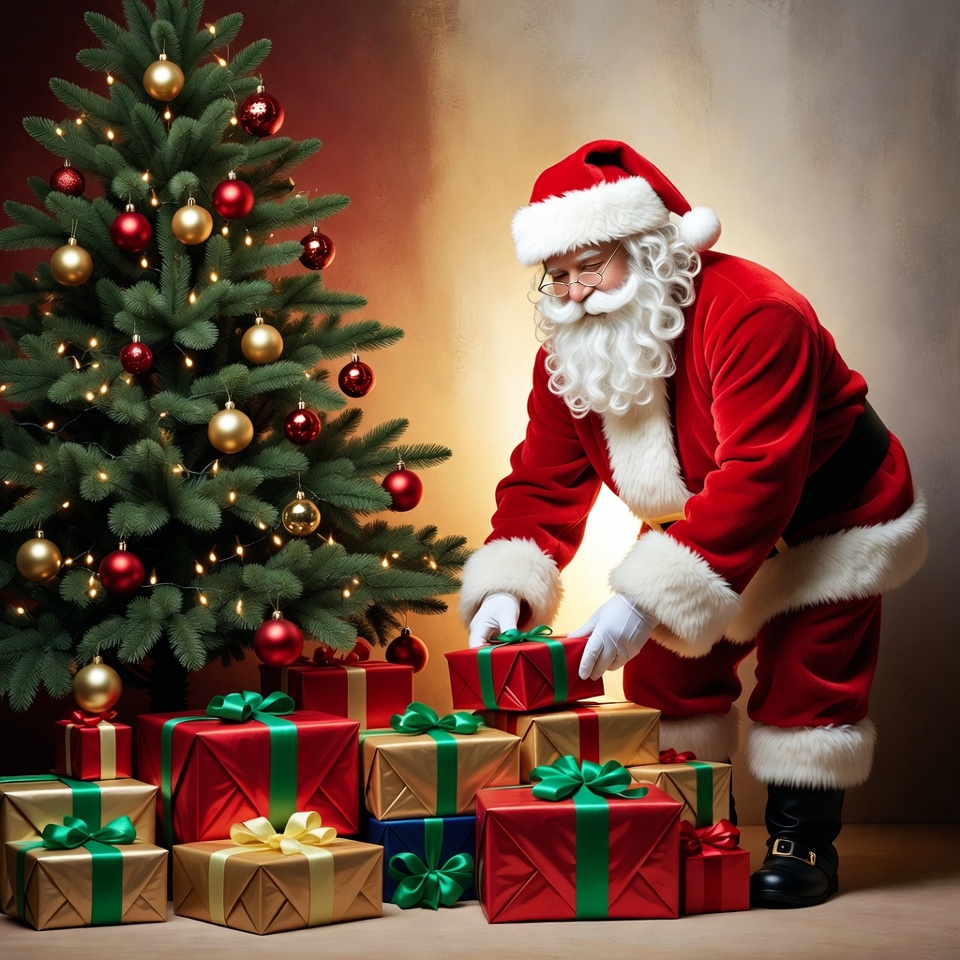 Santa places gifts under tree Santa places gifts under tree