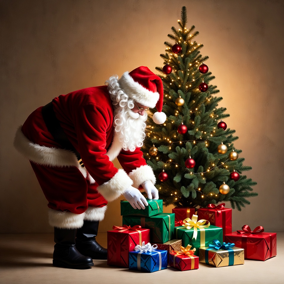 Santa at the christmas tree with gifts Santa at the christmas tree with gifts