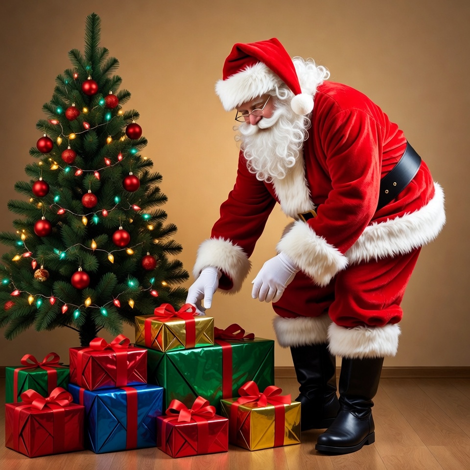 Santa arranging gifts by christmas tree Santa arranging gifts by christmas tree