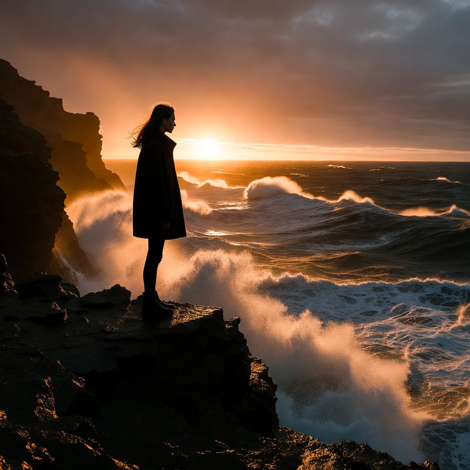 Watching waves at sunset near the coast Watching waves at sunset near the coast