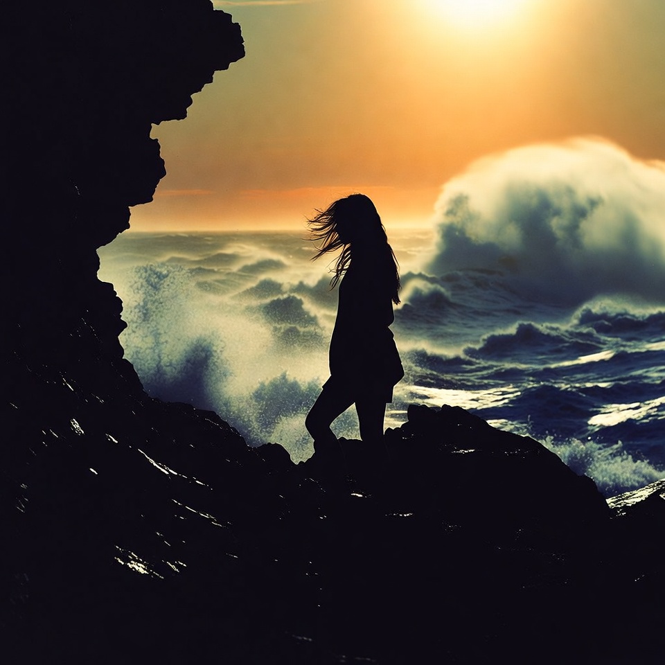 Woman standing by ocean waves Woman standing by ocean waves