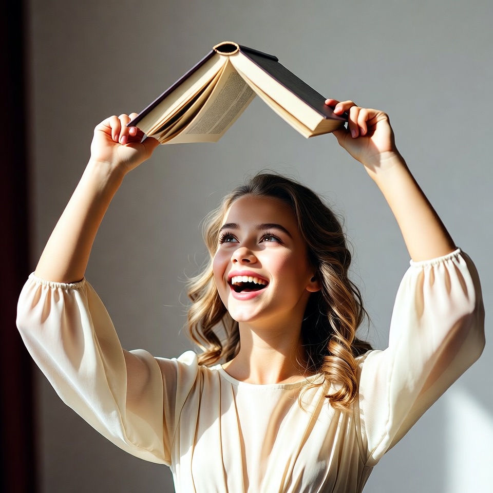 Girl celebrating with a book indoors Girl celebrating with a book indoors