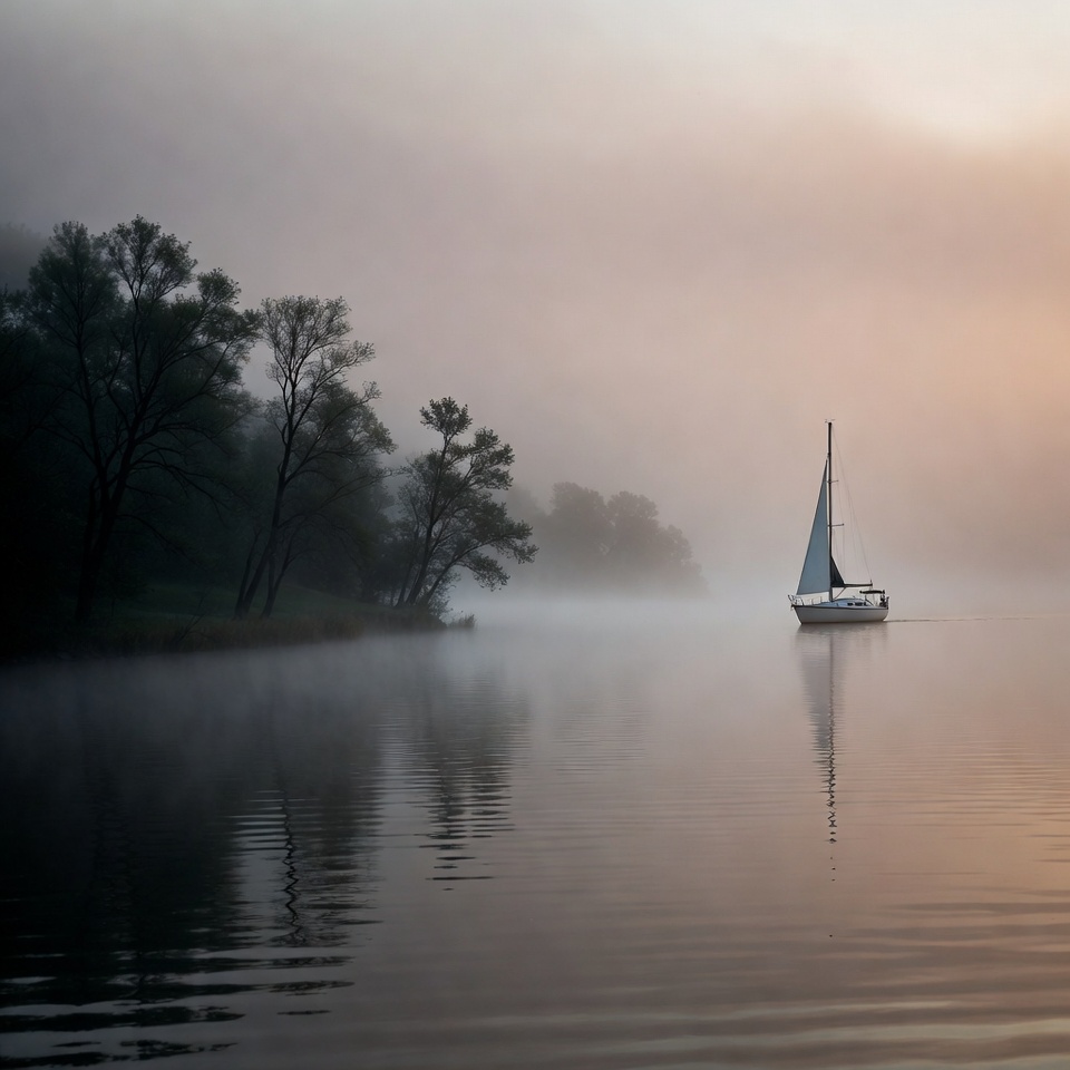 Sailboat in foggy river morning Sailboat in foggy river morning