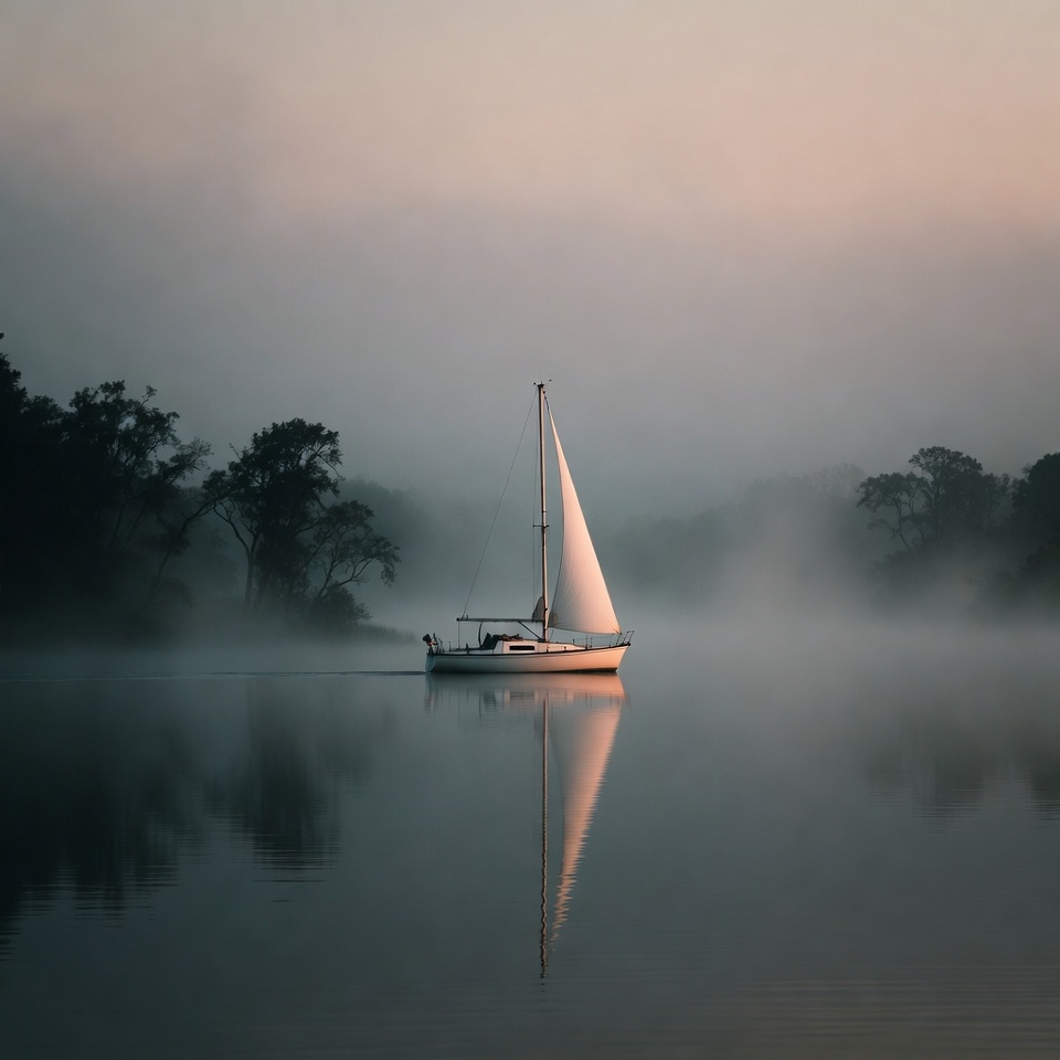 Sailboat gliding through morning mist Sailboat gliding through morning mist