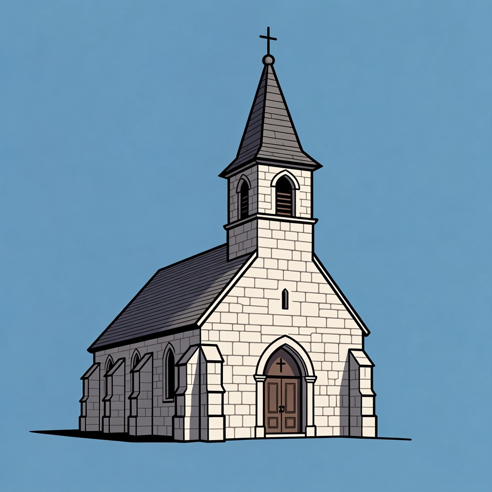 Small church with tall steeple and door Small church with tall steeple and door