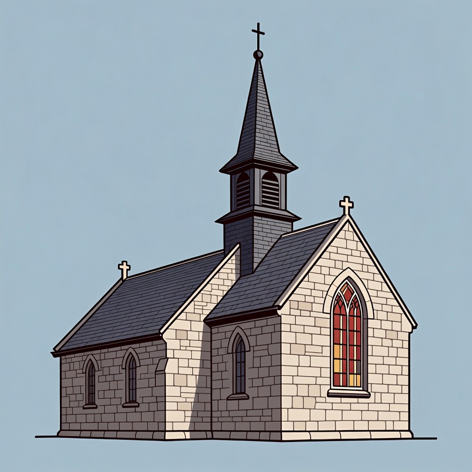 Small church with stone walls and tall steeple Small church with stone walls and tall steeple