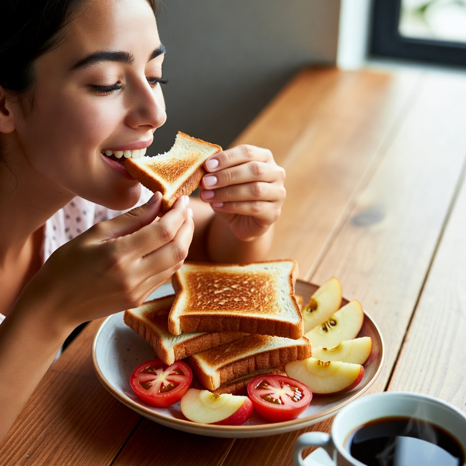 Enjoying breakfast with toast and fruit Enjoying breakfast with toast and fruit