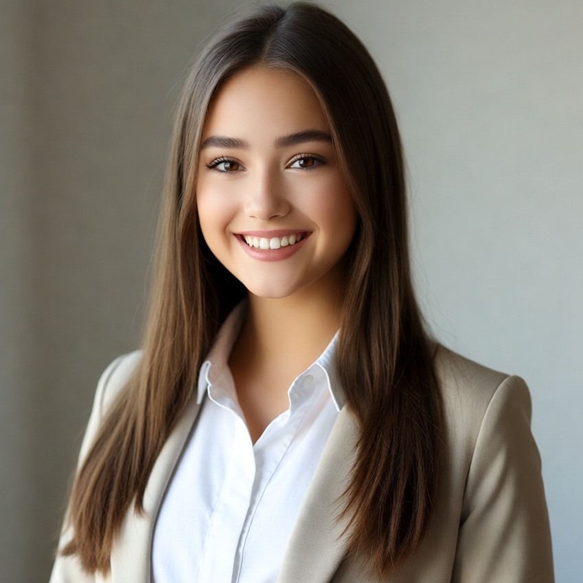 Woman in suit smiling indoors Woman in suit smiling indoors