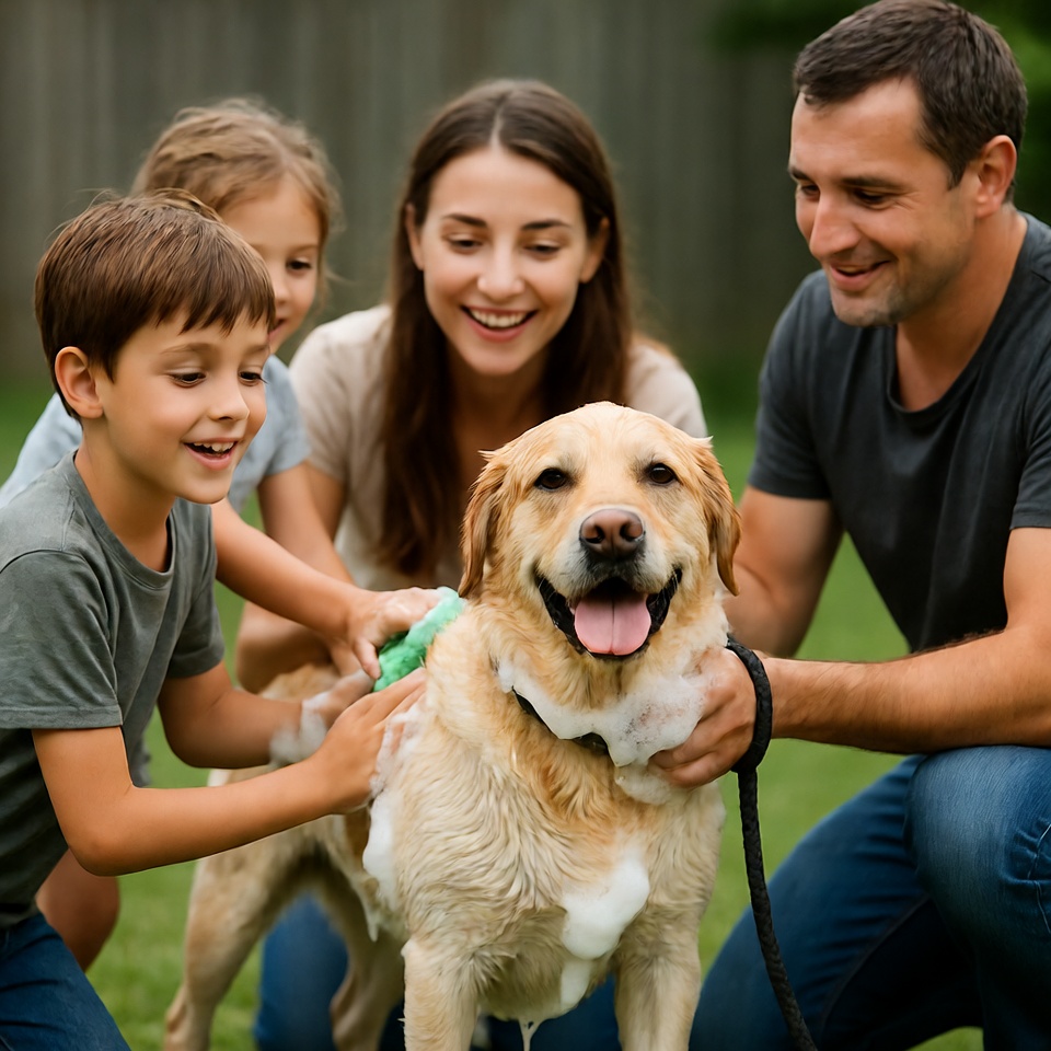 Family washing dog together in yard Family washing dog together in yard