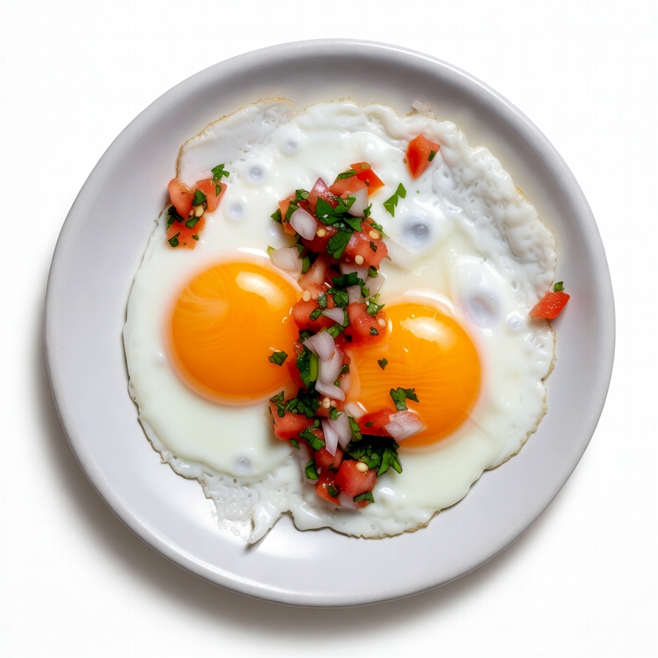 Fried eggs with salsa on plate Fried eggs with salsa on plate