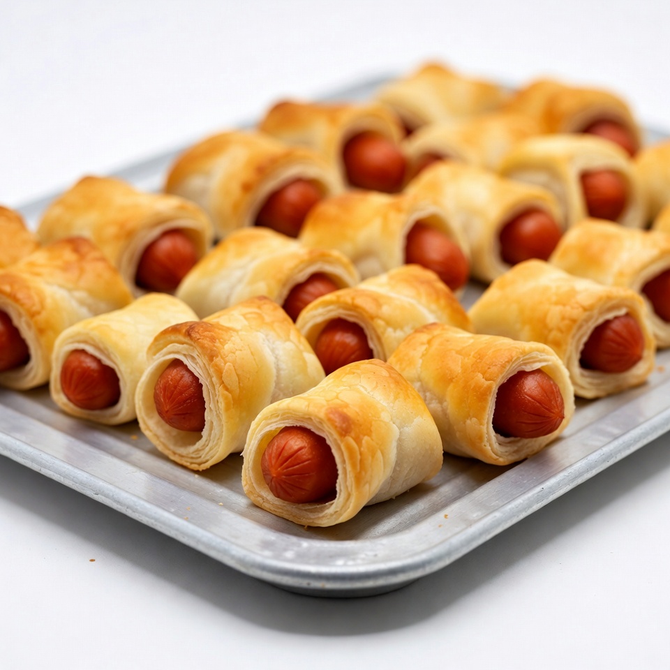 Sausage rolls on metal tray ready to serve Sausage rolls on metal tray ready to serve