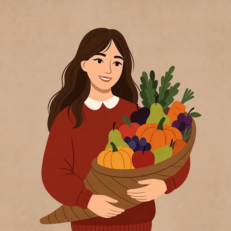 Woman holding a cornucopia of fruits Woman holding a cornucopia of fruits