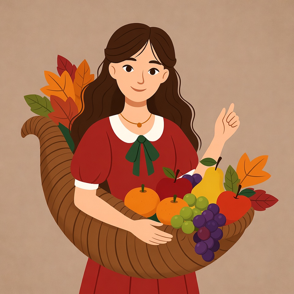Woman holding cornucopia of fruits Woman holding cornucopia of fruits