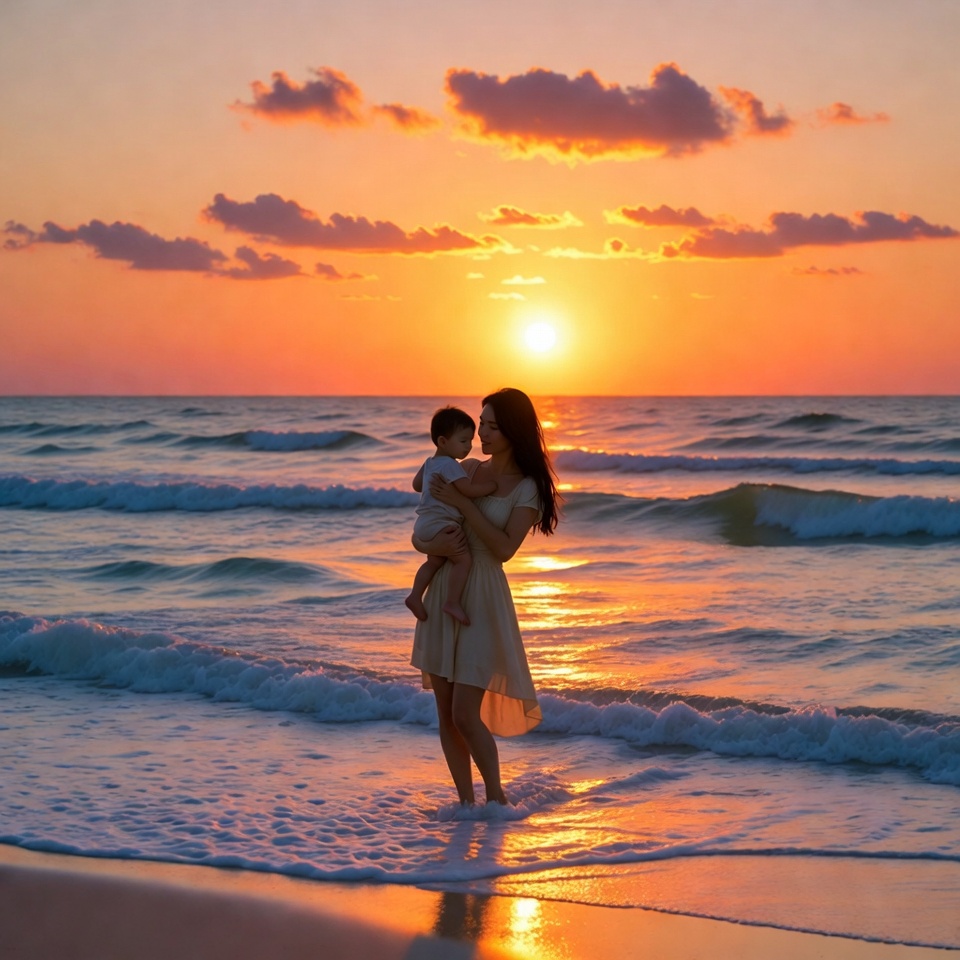 Mother and child enjoy sunset by the ocean Mother and child enjoy sunset by the ocean
