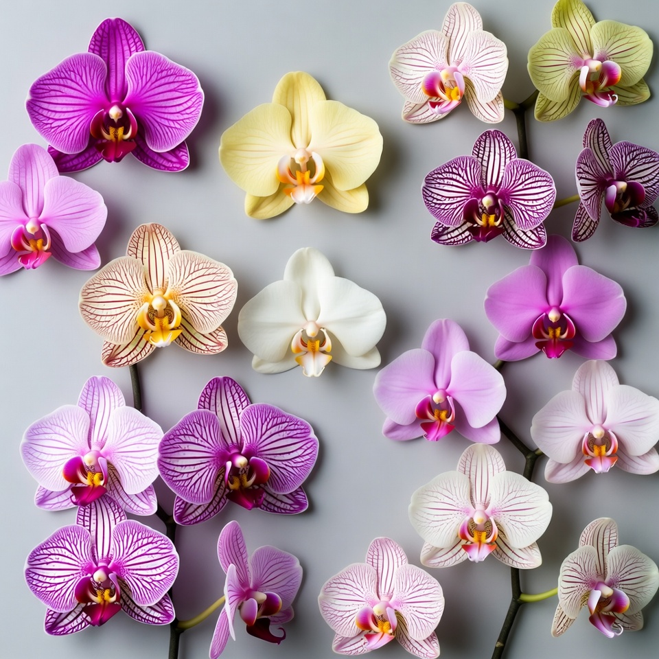 Colorful orchids arranged on surface Colorful orchids arranged on surface