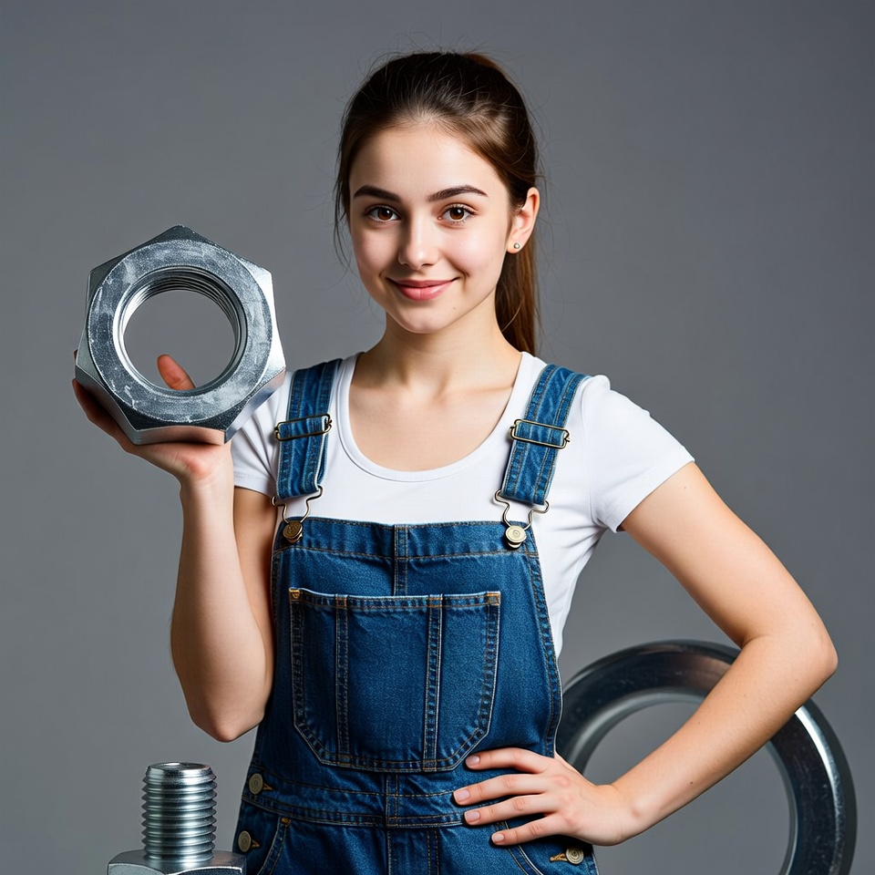 Young woman holding metal nut Young woman holding metal nut