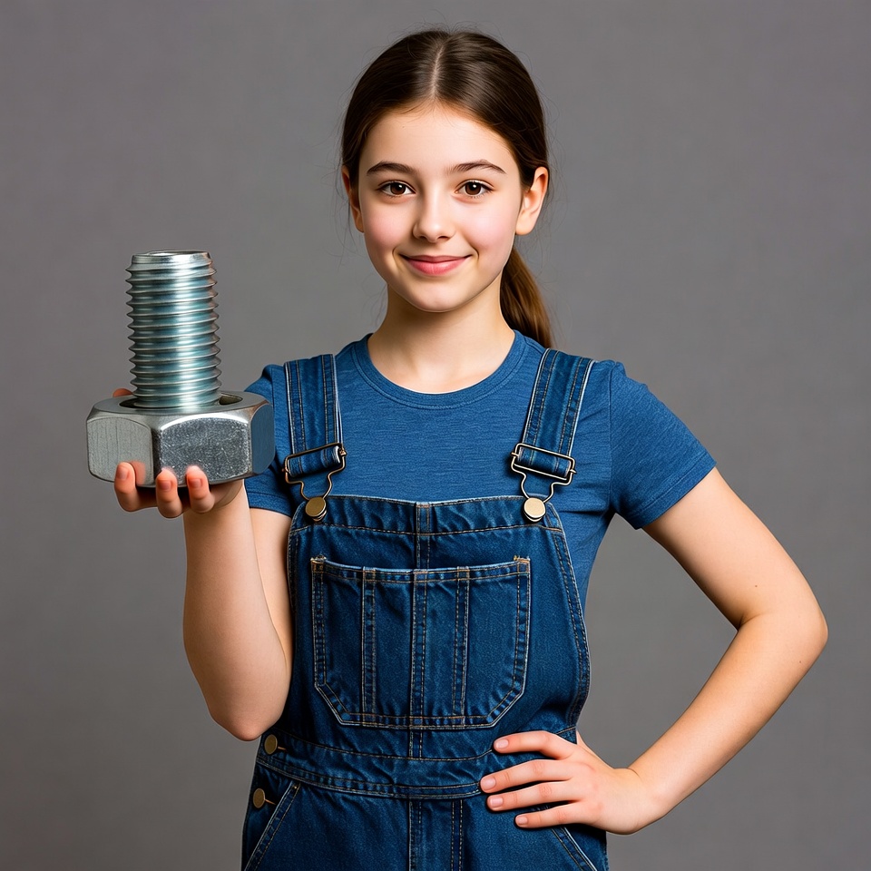 Young girl holding a large bolt Young girl holding a large bolt