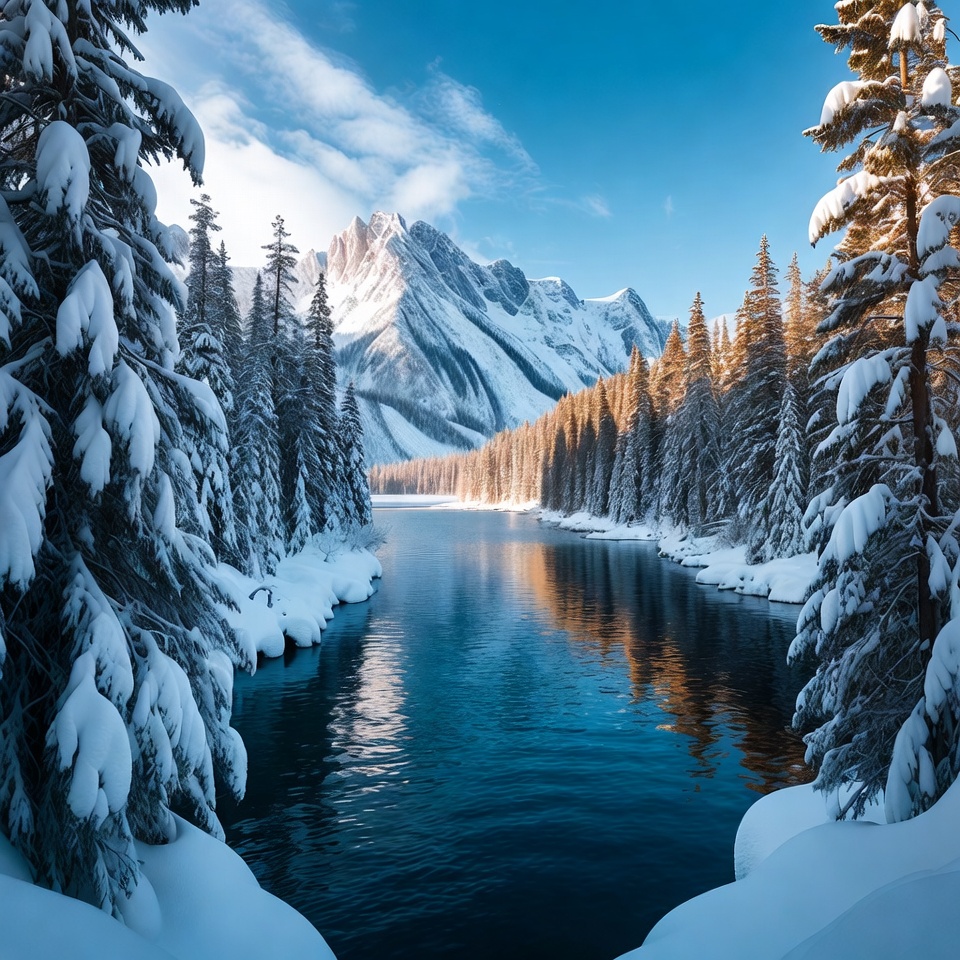 Snowy landscape by a river Snowy landscape by a river