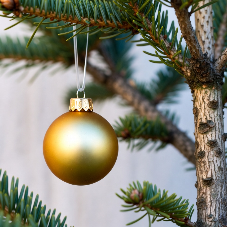 Golden ornament on tree branch Golden ornament on tree branch