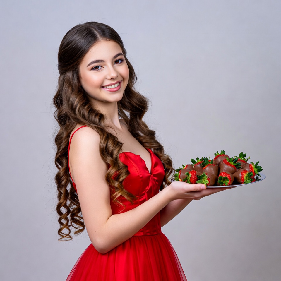 Girl holds plate of chocolate strawberries Girl holds plate of chocolate strawberries