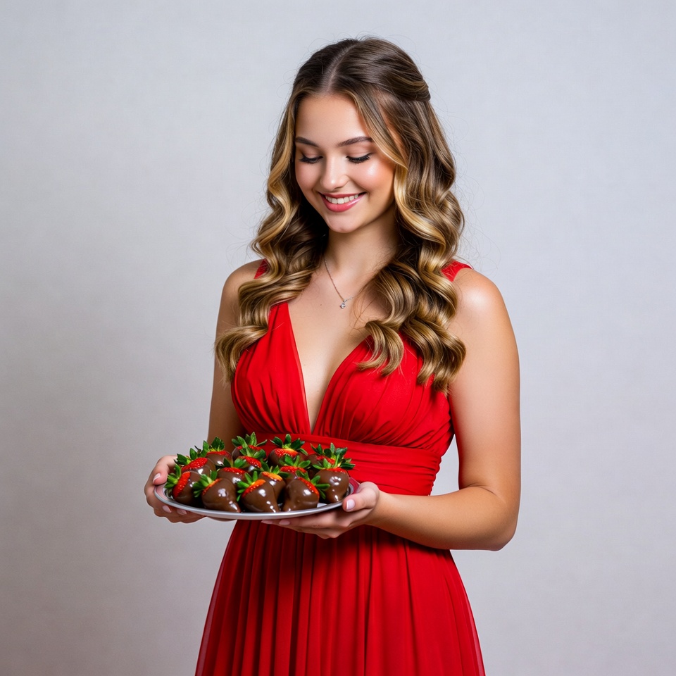 Woman holds chocolate strawberries on plate Woman holds chocolate strawberries on plate